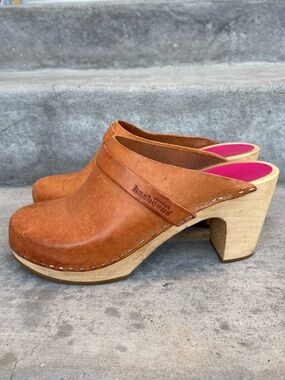 Swedish Hasbeens Leather Clog Mules EU 40 Brown Wooden Heels Made in Sweden